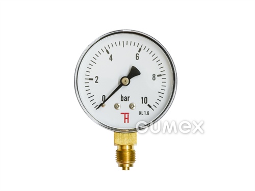 Manometr standardní se spodním vývodem, průměr 63mm, vnější závit G 1/4", 0-10bar, třída přesnosti 1,6%, průzor akryl, pouzdro ocel, -40°C/+60°C
